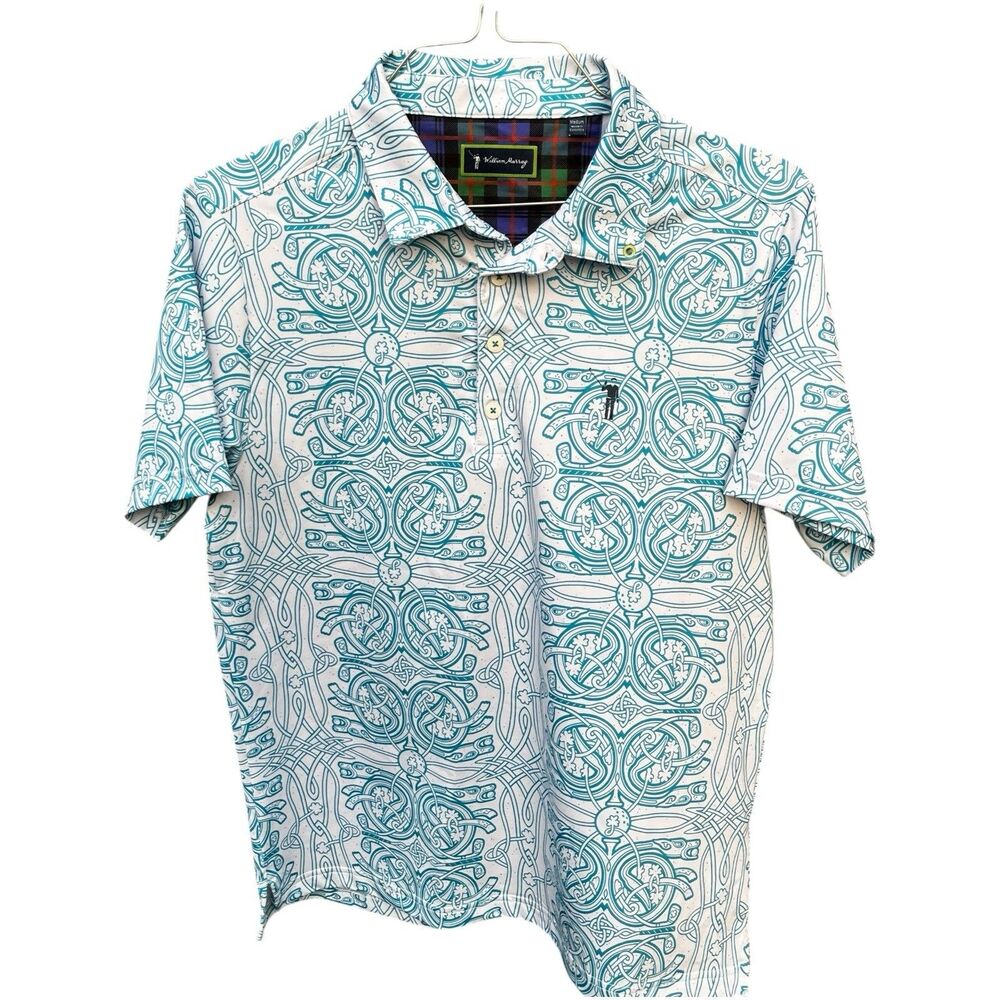 William Murray Men Medium Golf Polo Shirt “Celtic Knot” Irish White Blue Gaelic